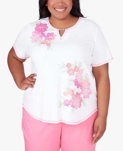 Alfred Dunner Plus Size Miami Beach Short Sleeve Floral Applique Top In Multi