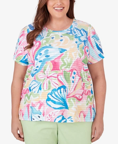 Alfred Dunner Plus Size Miami Beach Tropical Abstract Mini Ruffle Top In Multi