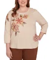 Alfred Dunner Plus Size Mount Laurel Asymmetrical Embroidered Flower Sweater In Brown
