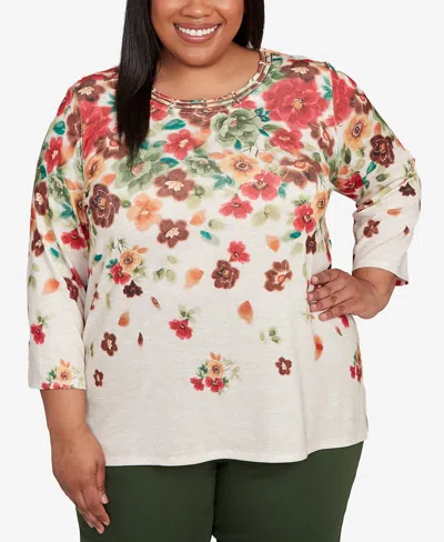 Alfred Dunner Plus Size Mount Laurel Floral Detailed Neck Top
