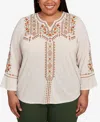 Alfred Dunner Plus Size Mount Laurel Geometric Floral Embroidery Printed Top In Brown
