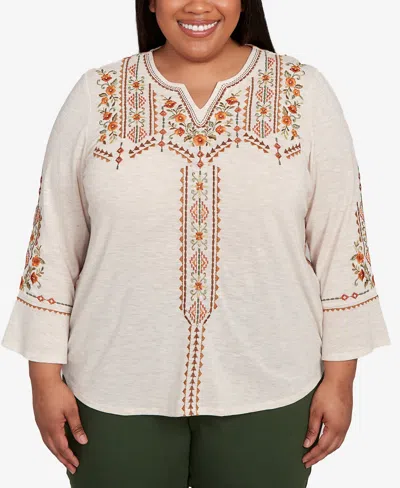 Alfred Dunner Plus Size Mount Laurel Geometric Floral Embroidery Printed Top In Brown
