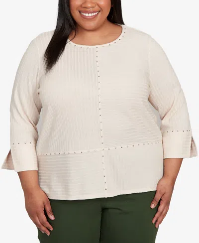 Alfred Dunner Plus Size Mount Laurel Heat Set Embellished Solid Top In Brown
