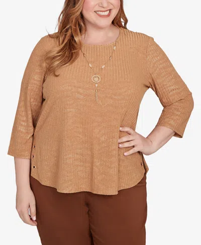 Alfred Dunner Plus Size Mount Laurel Shimmer Animal Jacquard Pull On Top With Necklace In Brown