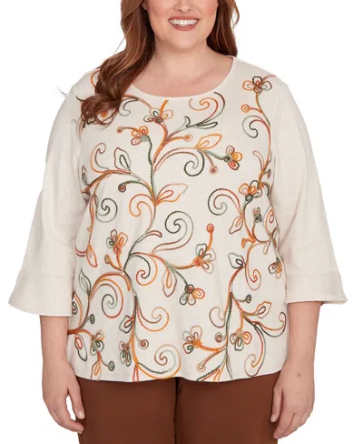 Alfred Dunner Plus Size Mount Laurel Textured Scroll Embroidered Top In Brown
