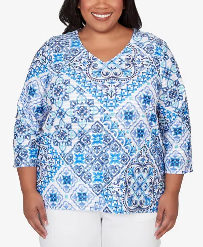 Alfred Dunner Plus Size Mykonos Aegean Tile V-neck Top In Blue