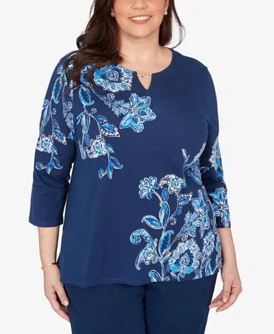 Alfred Dunner Plus Size Mykonos Asymmetrical Floral Split Beaded Neck Top In Blue