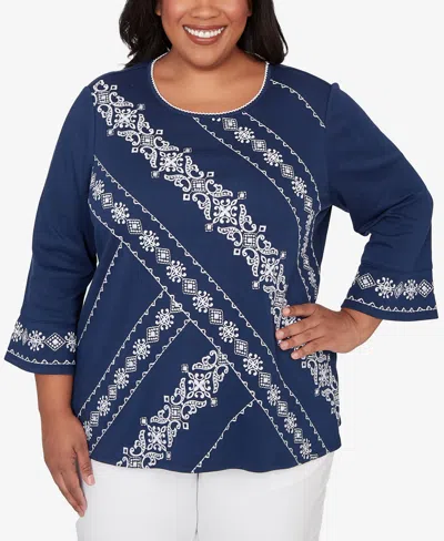 Alfred Dunner Plus Size Mykonos Diagonal Scroll Embroidered Crew Neck Top In Blue