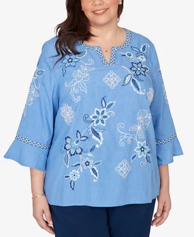 Alfred Dunner Plus Size Mykonos Floral Textured Embroidered Split Neck Top In Blue