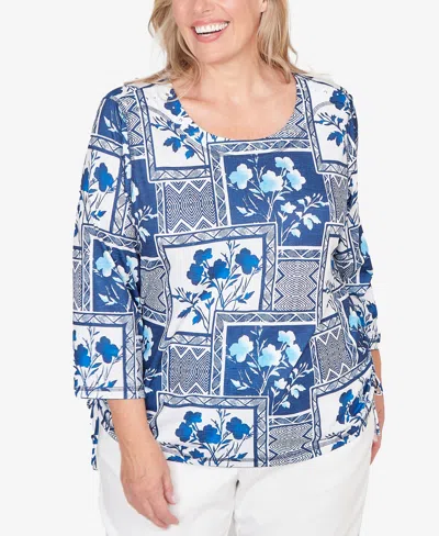 Alfred Dunner Plus Size Mykonos Framed Floral Ruched Side Tie Top In Blue