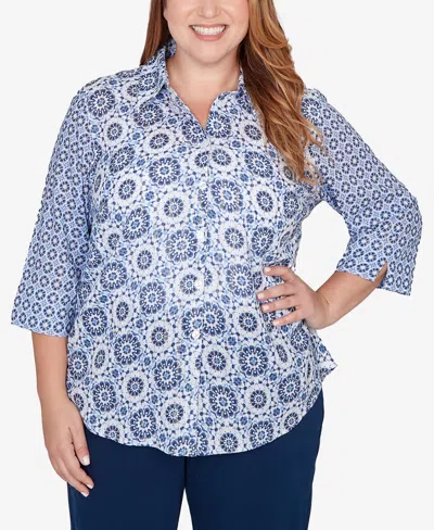 Alfred Dunner Plus Size Mykonos Geometric Button Front Closure Collared Top In Blue