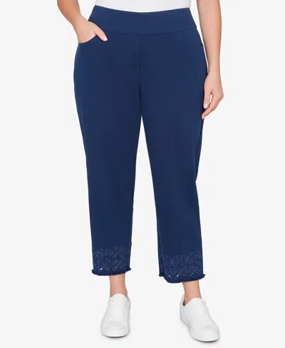 Alfred Dunner Plus Size Mykonos Geometric Embroidered Super Stretch Denim Ankle Pants In Blue