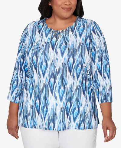 Alfred Dunner Plus Size Mykonos Ikat Embellished Neck Top In Blue