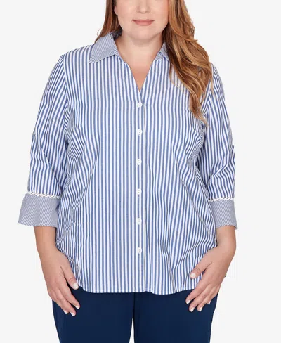 Alfred Dunner Plus Size Mykonos Mixed Stripe Button Front Closure Lace Trim Top In Blue