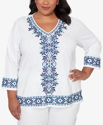 Alfred Dunner Plus Size Mykonos Scroll Embroidered V Neck Top In White