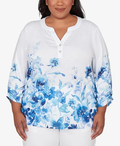 Alfred Dunner Plus Size Mykonos Watercolor Floral Border Henley Top In Blue