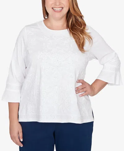 Alfred Dunner Plus Size Mykonos White Medallion Embroidered Top