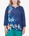 Alfred Dunner Plus Size Nantucket Asymmetric Floral Beaded Split Neck Top In Marine Blue