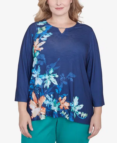 Alfred Dunner Plus Size Nantucket Asymmetric Floral Beaded Split Neck Top In Marine Blue