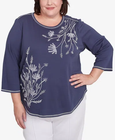 Alfred Dunner Plus Size Nantucket Asymmetric Floral Embroidered Top In Marine Blue