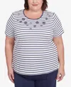 Alfred Dunner Plus Size Nantucket Beaded Floral Striped Crew Neck T-shirt In Marine,white