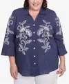 Alfred Dunner Plus Size Nantucket Embroidered Marine Button Front Top In Marine Blue
