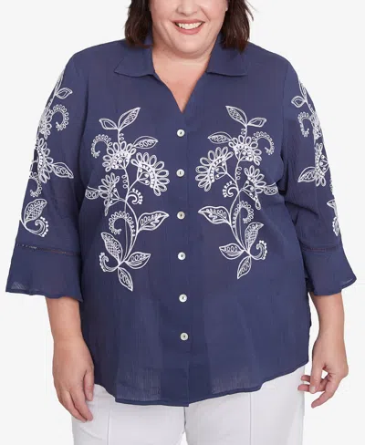 Alfred Dunner Plus Size Nantucket Embroidered Marine Button Front Top In Marine Blue