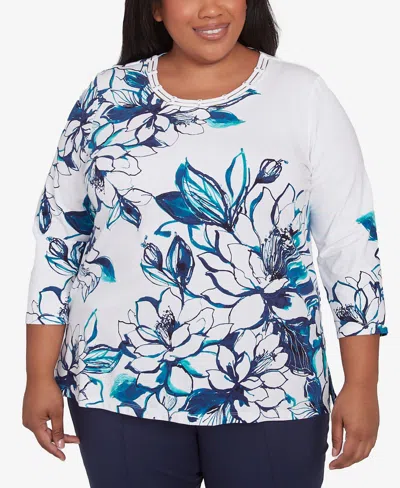 Alfred Dunner Plus Size Nantucket Fineline Floral Three Quarter Sleeve Top In Marine Multi