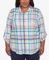Alfred Dunner Plus Size Nantucket Plaid Knit Button Front Collared Top In Marine Multi