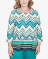 Alfred Dunner Plus Size Nantucket Pleated Chevron Crew Neck Top In Jade Multi