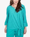 Alfred Dunner Plus Size Nantucket Solid Tie Front Bell Sleeve Top In Jade