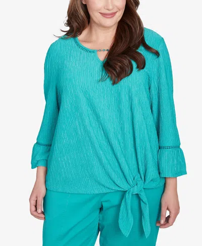 Alfred Dunner Plus Size Nantucket Solid Tie Front Bell Sleeve Top In Jade