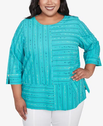 Alfred Dunner Plus Size Nantucket Spliced Jacquard Texture Crew Neck Top In Jade