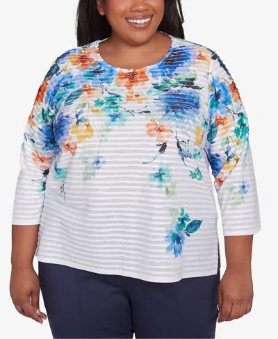 Alfred Dunner Plus Size Nantucket Textured Floral Crew Neck Top In Marine Multi