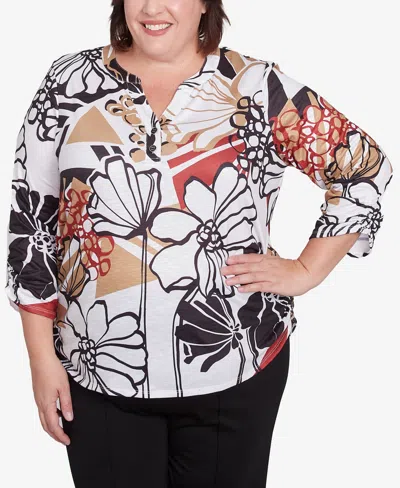 Alfred Dunner Plus Size Natural Instinct Bold Floral Illustrated Henley Top In Neutral Multi
