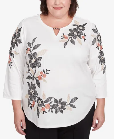 Alfred Dunner Plus Size Natural Instinct Earthy Floral Embroidered Textured Top In Multi