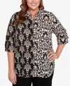 Alfred Dunner Plus Size Natural Instinct Medallion Twin Print Button Front Top In Black