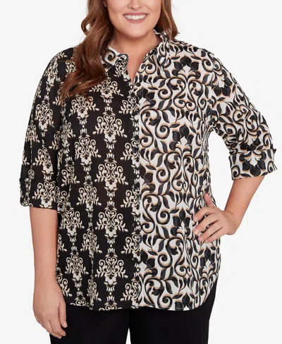Alfred Dunner Plus Size Natural Instinct Medallion Twin Print Button Front Top In Black