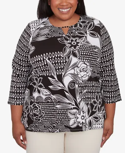 Alfred Dunner Plus Size Natural Instinct Monotone Patch Beaded Split Neck Top In Black
