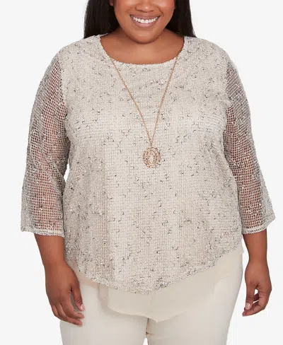 Alfred Dunner Plus Size Natural Instinct Popcorn Mesh Speckled Top With Necklace In Tan