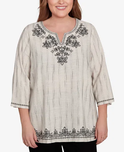 Alfred Dunner Plus Size Natural Instinct Textured Medallion Embroidered Top In Gray