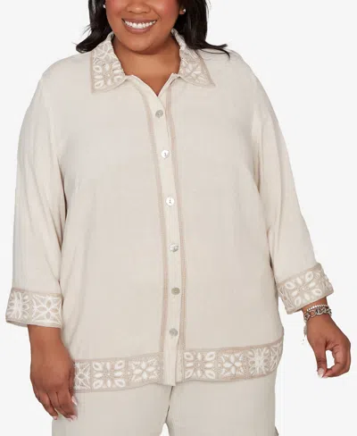 Alfred Dunner Plus Size Natural Wonder Embellished Crochet Trim Linen Jacket In Neutral