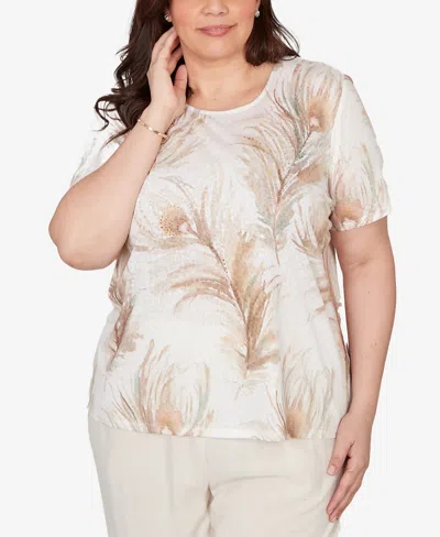 Alfred Dunner Plus Size Natural Wonder Feather Print Short Sleeve T-shirt In Multi