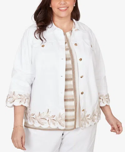 Alfred Dunner Plus Size Natural Wonder Leaf Cutout Embroidered Shirt Jacket In White