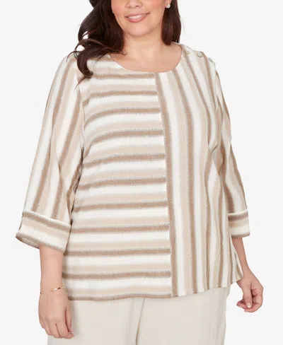 Alfred Dunner Plus Size Natural Wonder Spliced Stripe Three Quarter Sleeve Top In Brown