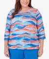 ALFRED DUNNER PLUS SIZE NEPTUNE BEACH CREW NECK BEACH WAVE TOP