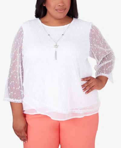Alfred Dunner Plus Size Neptune Beach Popcorn Mesh Top With Necklace In White