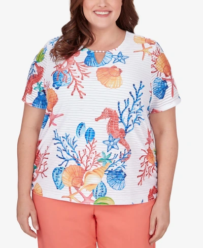 Alfred Dunner Plus Size Neptune Beach Seahorse Textured Short Sleeve Top In Multi