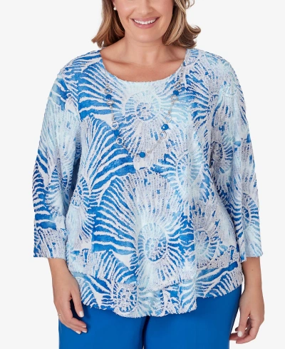 Alfred Dunner Plus Size Neptune Beach Seashell Embellished Top With Necklace In Ocean Blue