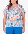 ALFRED DUNNER PLUS SIZE NEPTUNE BEACH WHIMSICAL FLORAL TOP WITH SIDE TIES